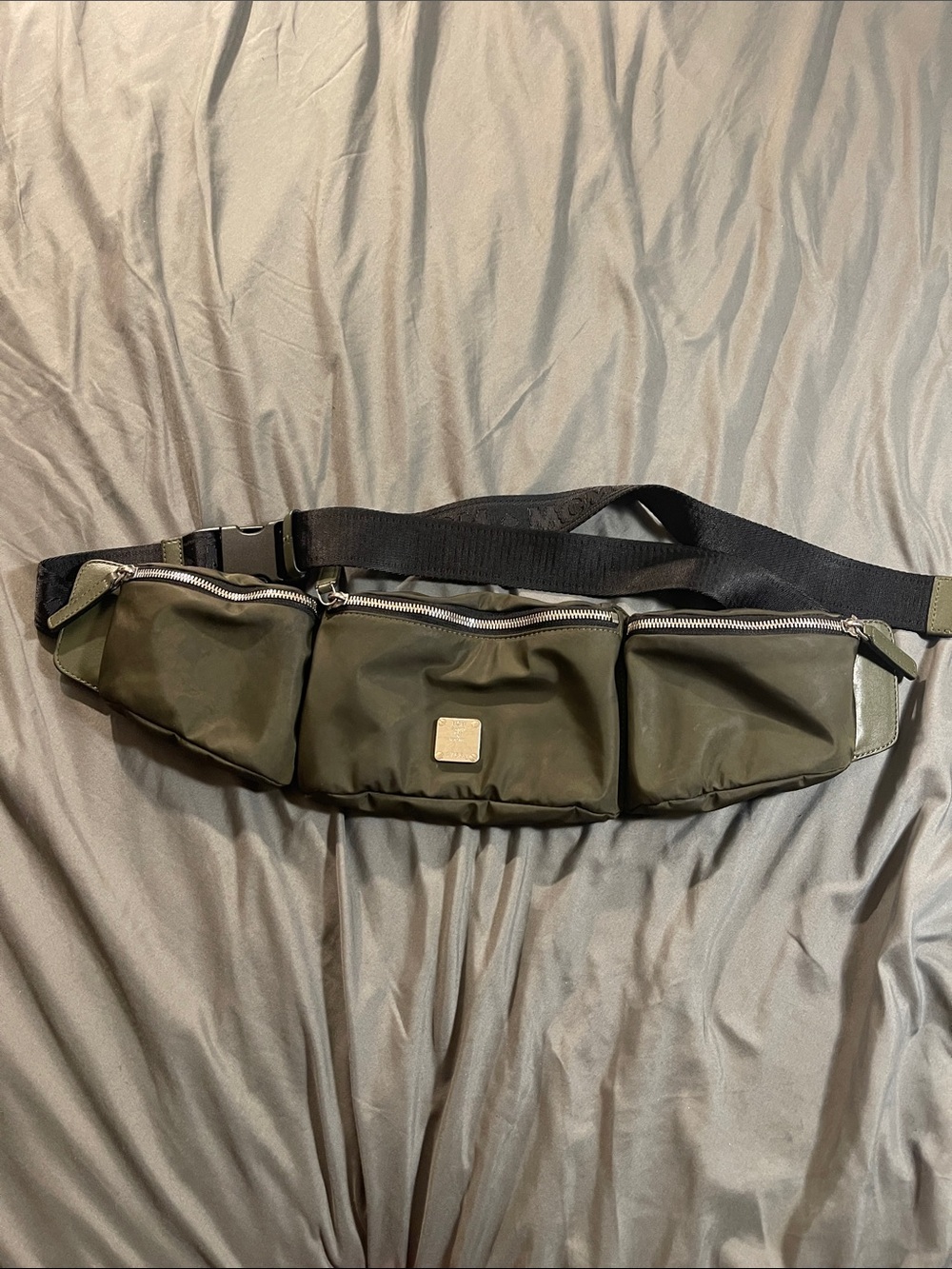 MCM Olive Green Triple-Pocket Belt Bag with Black Strap
